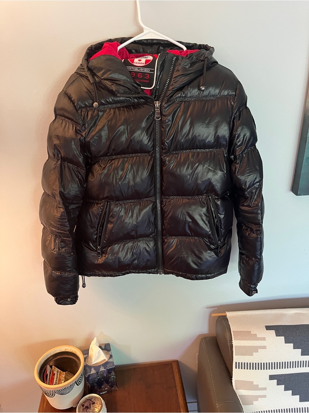 Pajar Black Puffer Jacket with Red Hood Lining